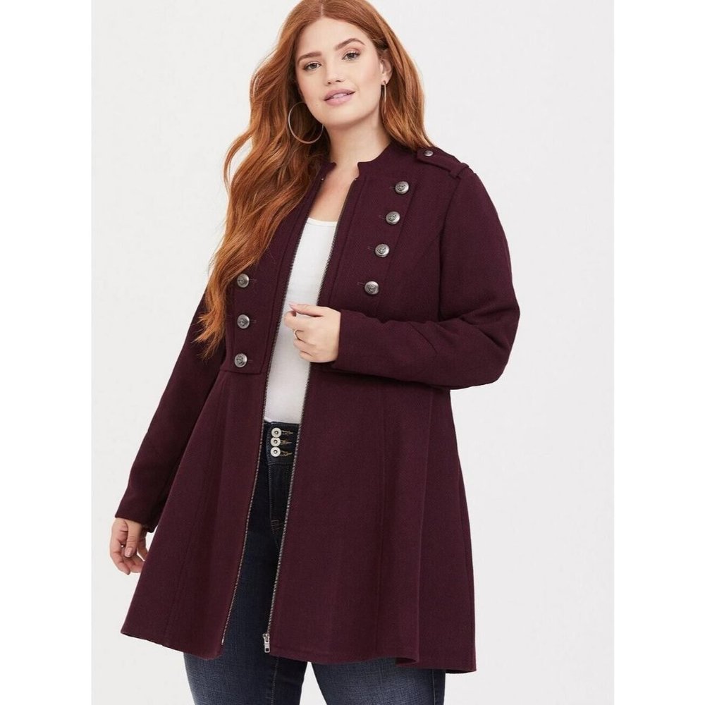 Torrid Burgundy Zip Military Coat Size 10 00 New Button Front Flared High Neck - Picture 3 of 13